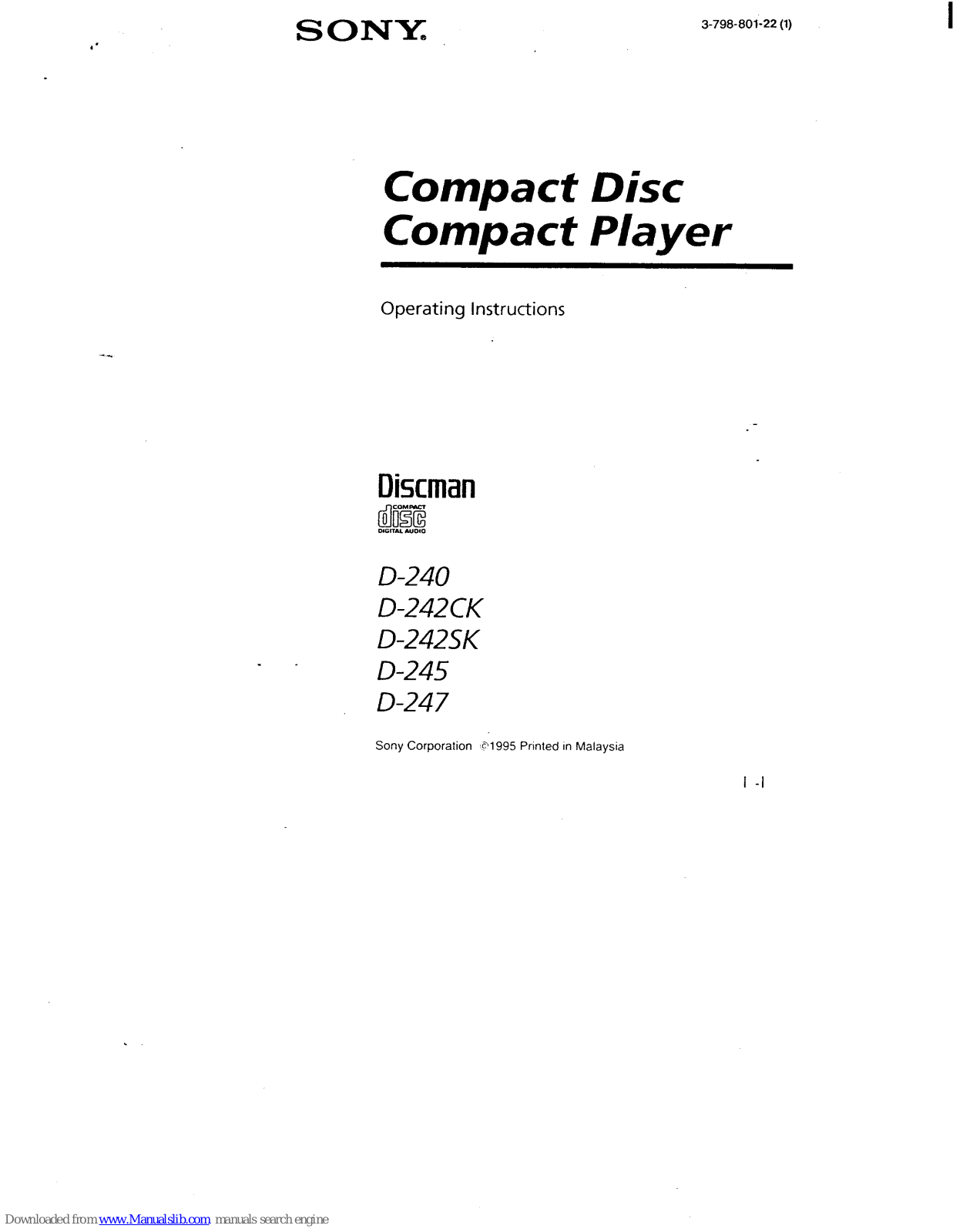 Sony Discman D-240, Discman D-242SK, Discman D-242CK, Discman D-247, Discman D-245 Operating Instructions Manual