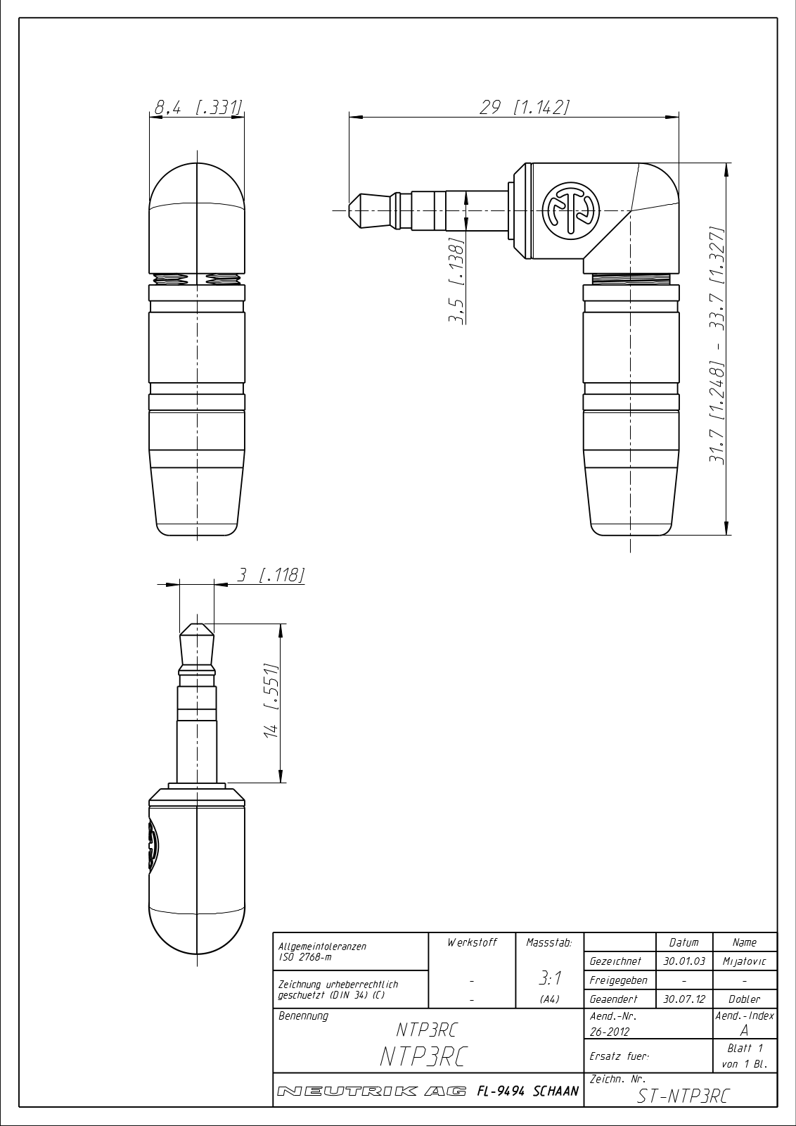 Neutrik NTP3RC Drawing manual