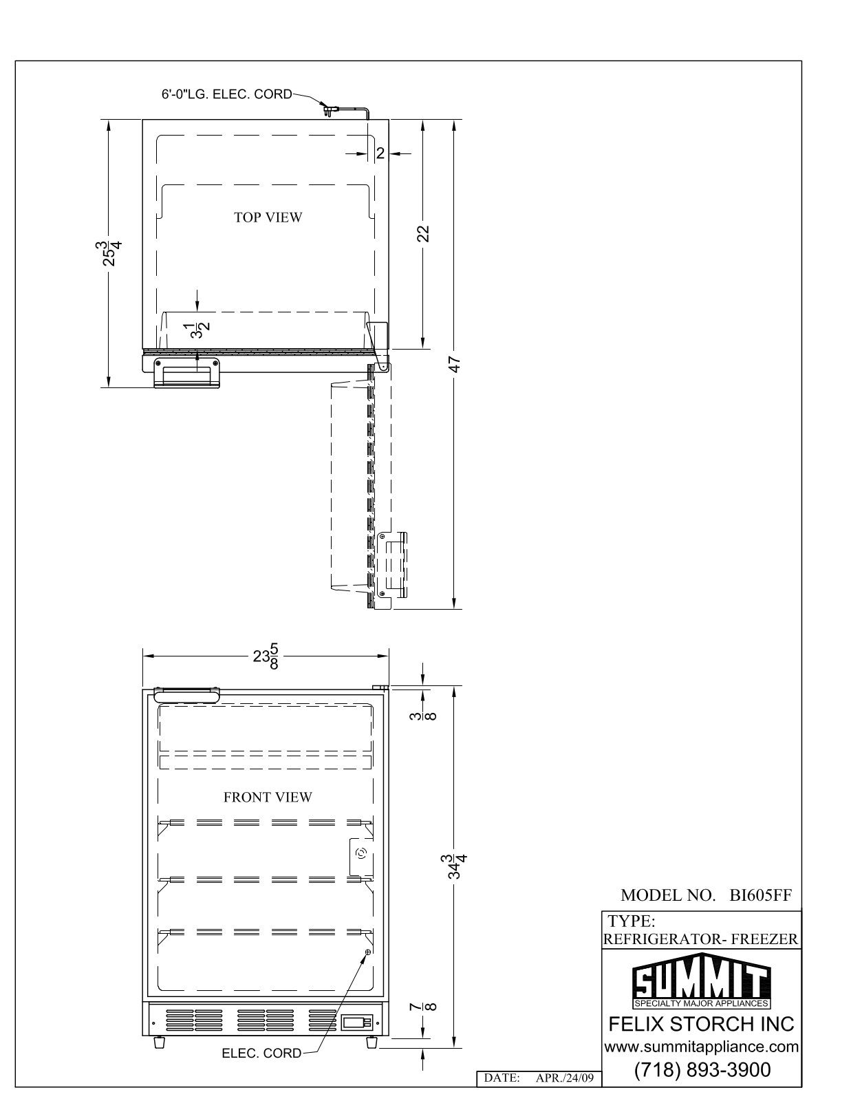 Summit BI605FF Technical Drawings