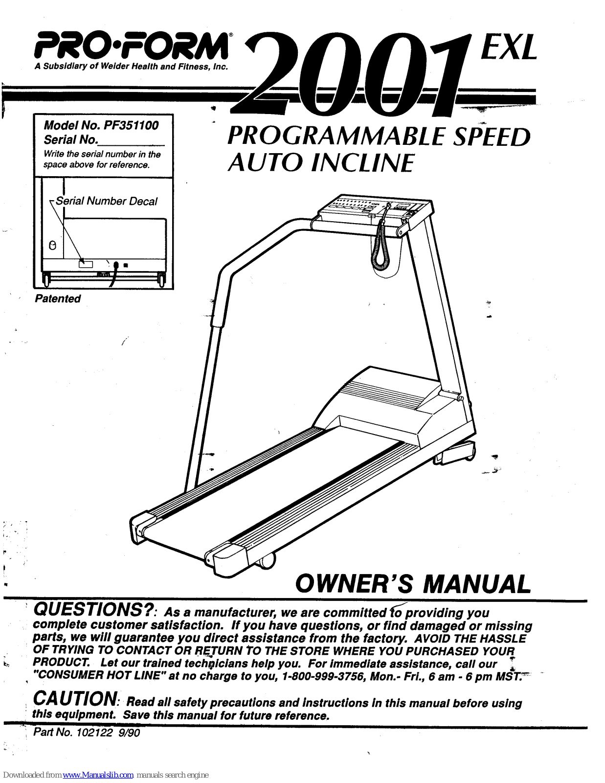 ProForm 2001 Exl, PF351100 Owner's Manual