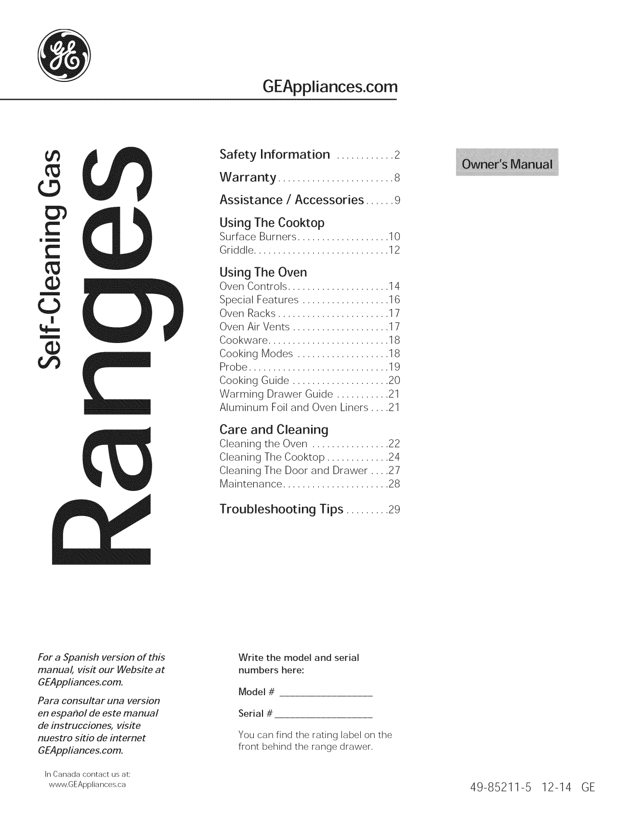 GE PGB945SEF3SS, PGB945SEF2SS, PGB945SEF1SS, PGB920SEF3SS, PGB920SEF1SS Owner’s Manual