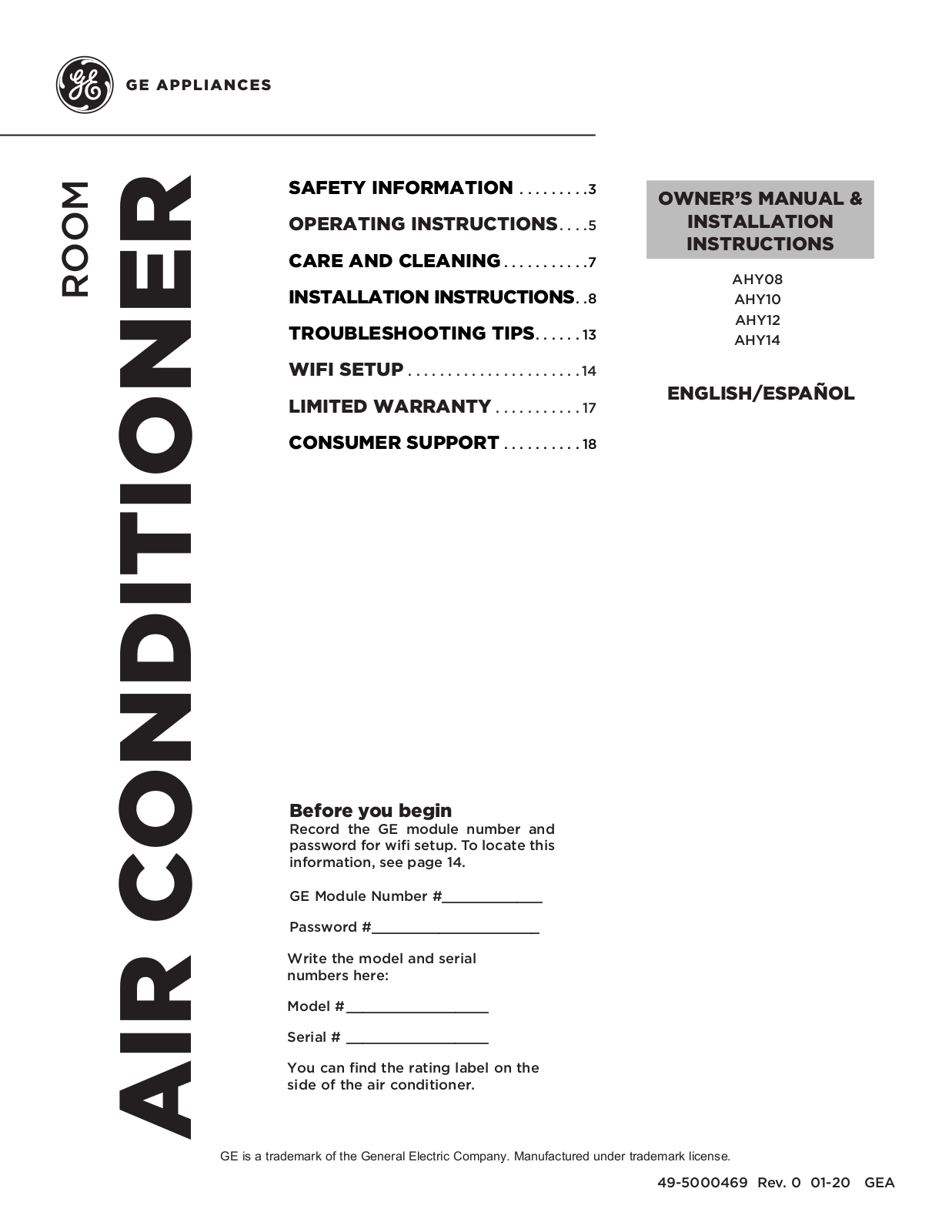 GE AHY10LZ, AHY08LZ, AHY12LZ, AHY14LZ Installation Manual