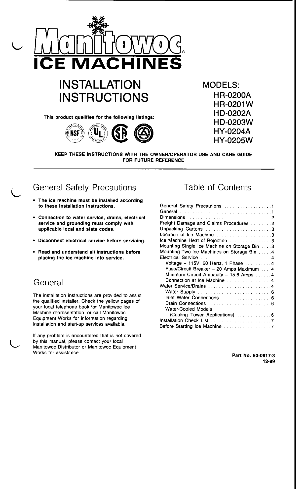 Manitowoc Ice HR0200A Installation Manual