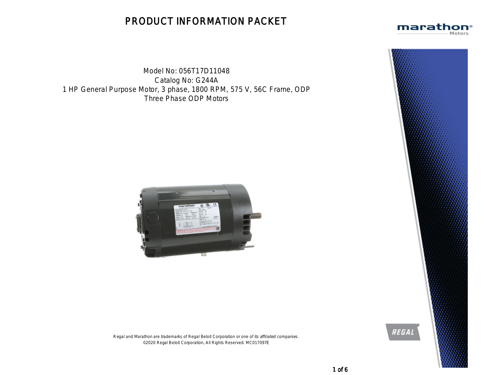 Marathon Electric 056T17D11048 Product Information Packet