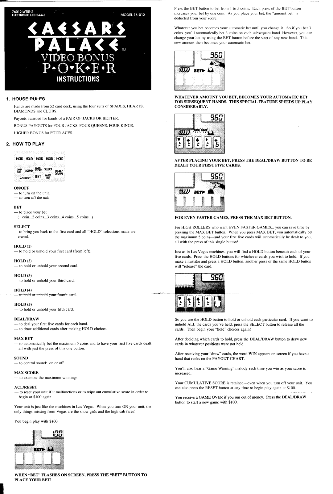 HASBRO Caesars Palace Video Bonus Poker LCD Game User Manual