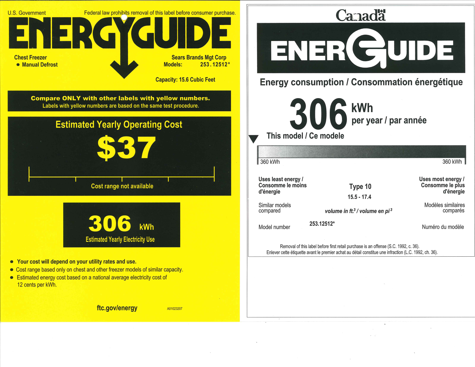 Kenmore 16 cu. ft. Chest Freezer Energy Guide