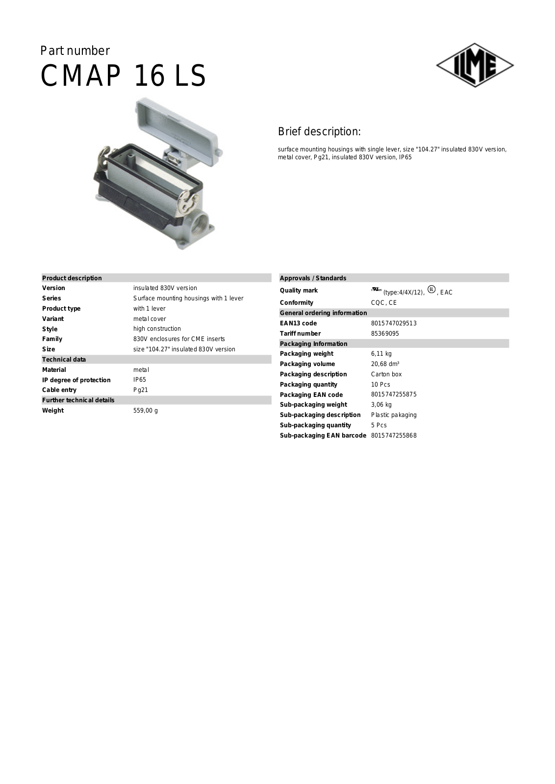 Datasheet CMAP-16LS Datasheet (ILME) - ManualMachine.com