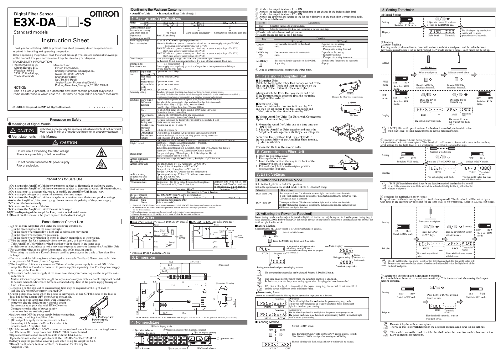 Omron E3X-DA21-S, E3X-DA51-S, E3X-DA9-S, E3X-DA7-S, E3X-DA0-S Instruction Sheet