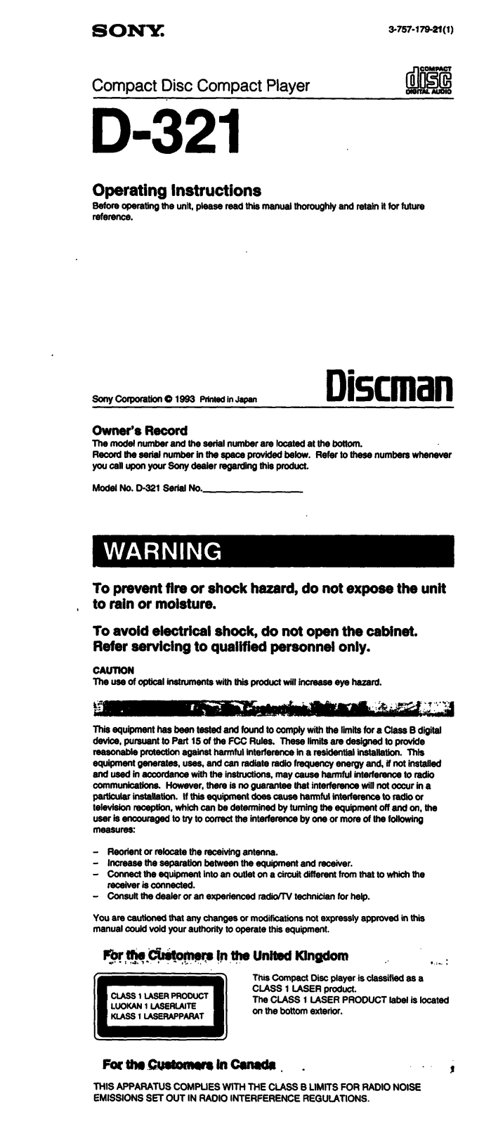 Sony D321 Operating Instructions