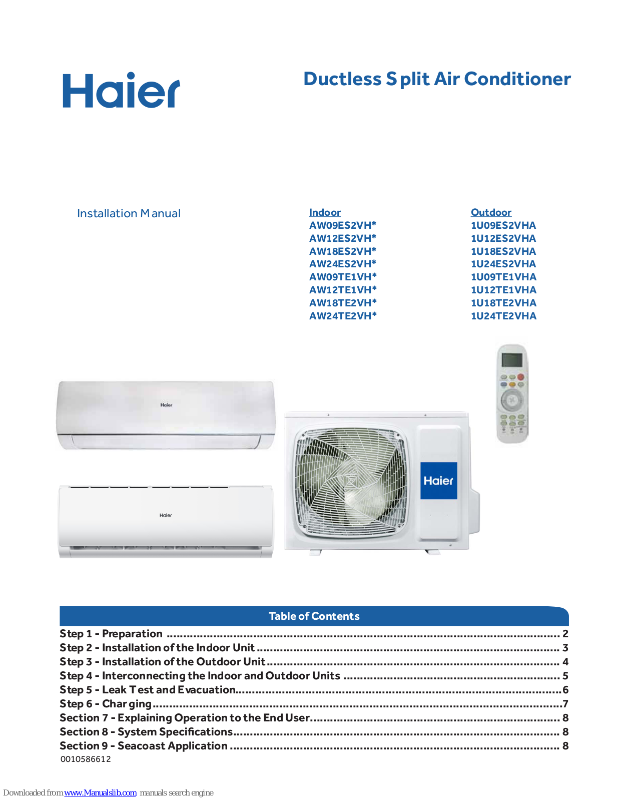 Haier AW12ES2VH, AW09TE1VH, AW18ES2VH, AW24ES2VH, AW12TE1VH Installation Manual