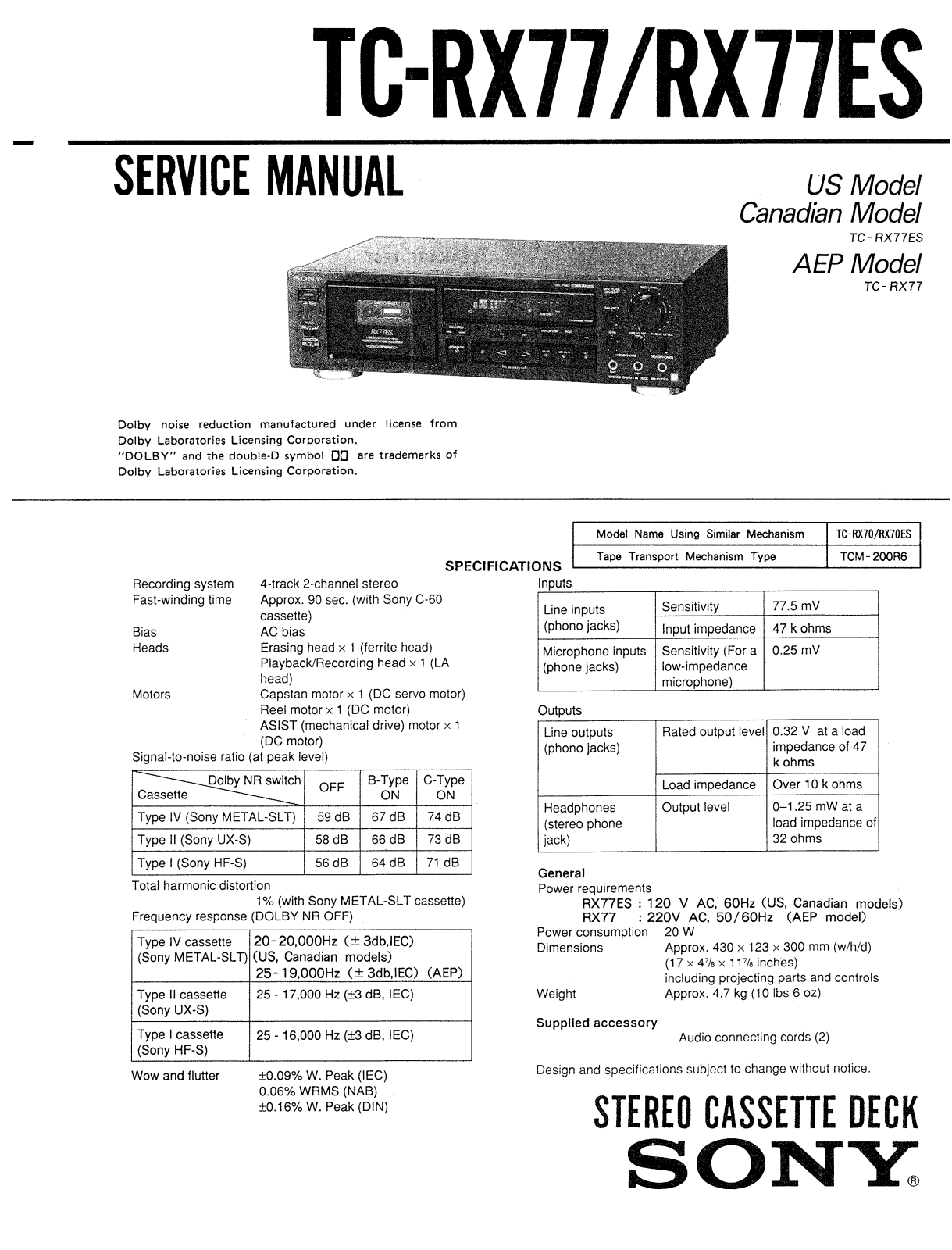 Sony TCRX-77 Service manual