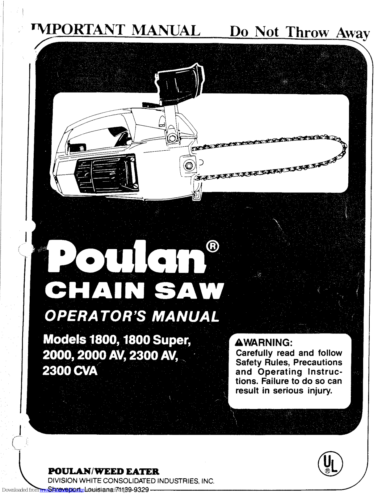 Poulan 1800, 1800 Super, 2000, 2000 AV, 2300AV Operator's Manual