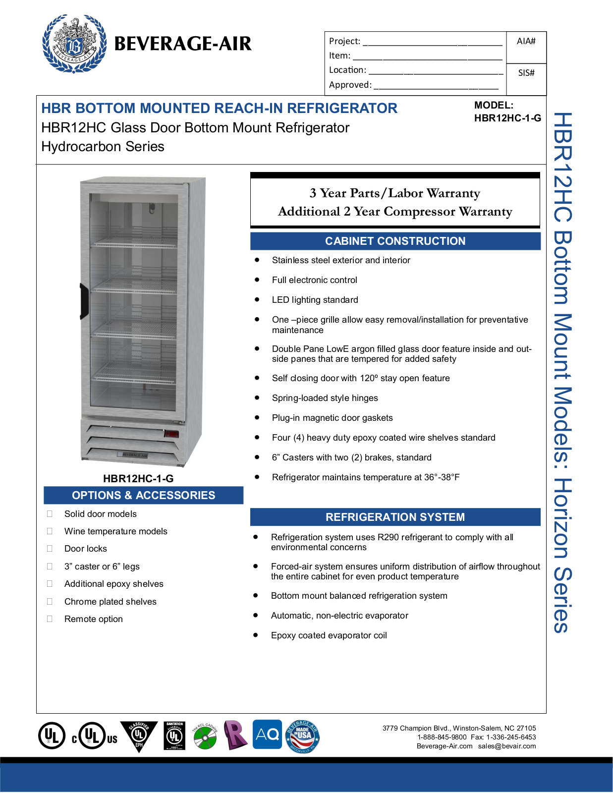 Beverage-Air HBR12HC1G Specifications