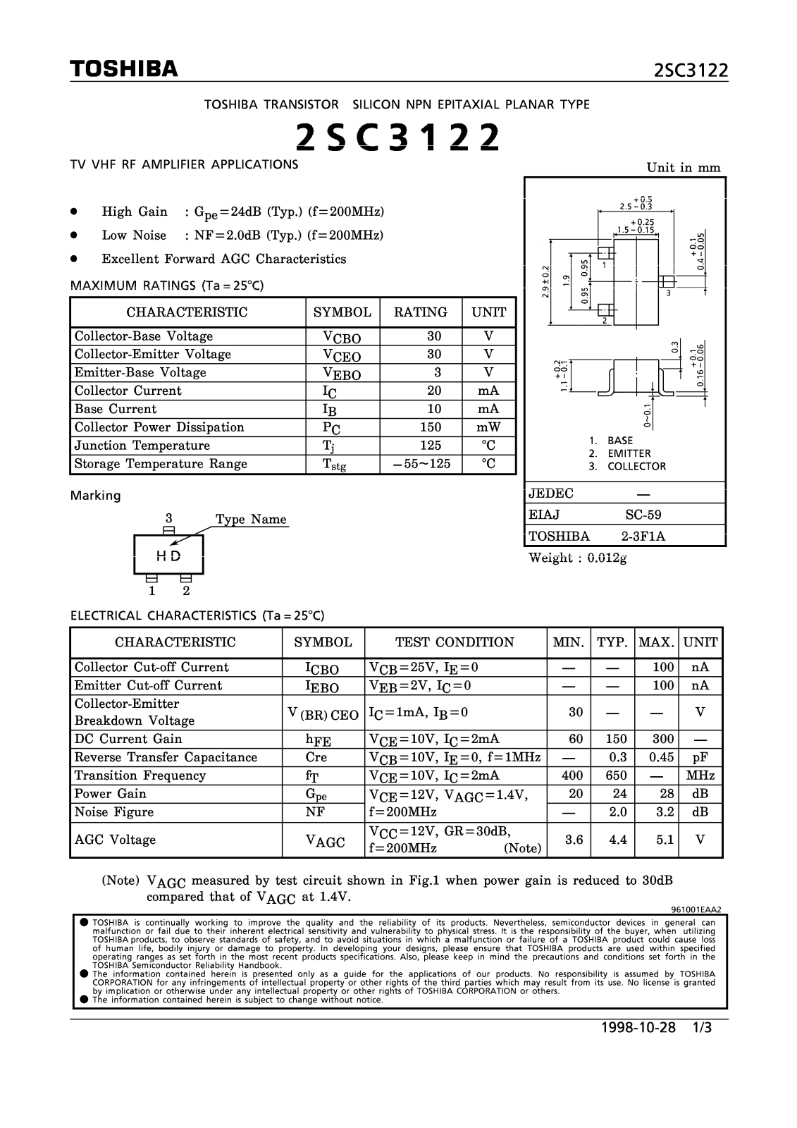 Toshiba 2SC3122 Datasheet