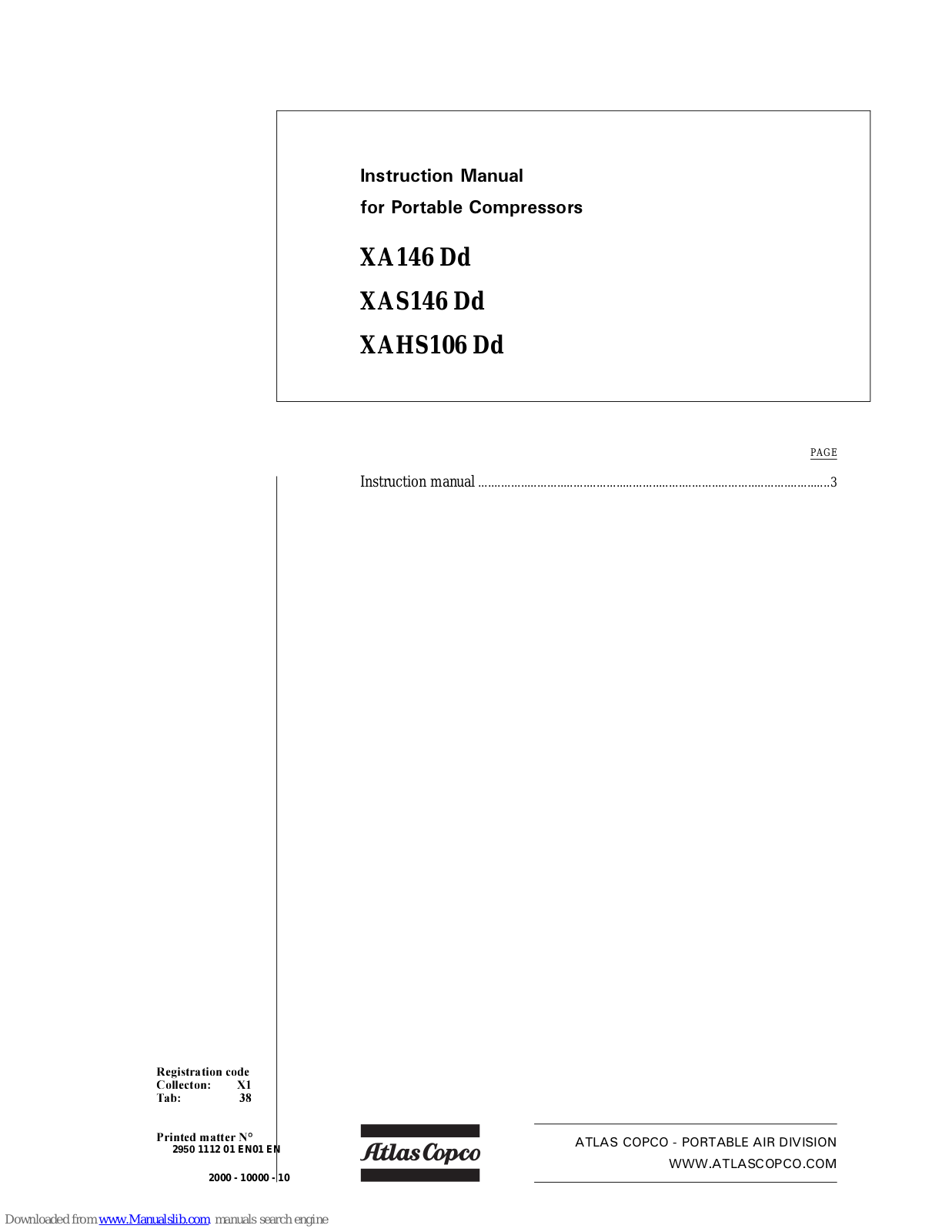 Atlas Copco XA146 Dd, XAS146 Dd, XAHS106 Dd Instruction Manual