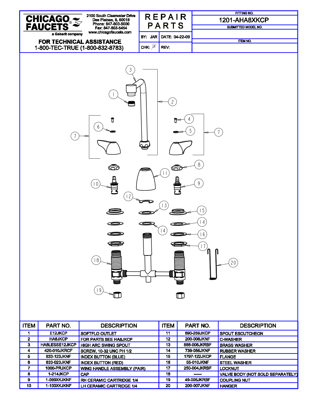 Chicago Faucet 1201-AHA8XK Parts List