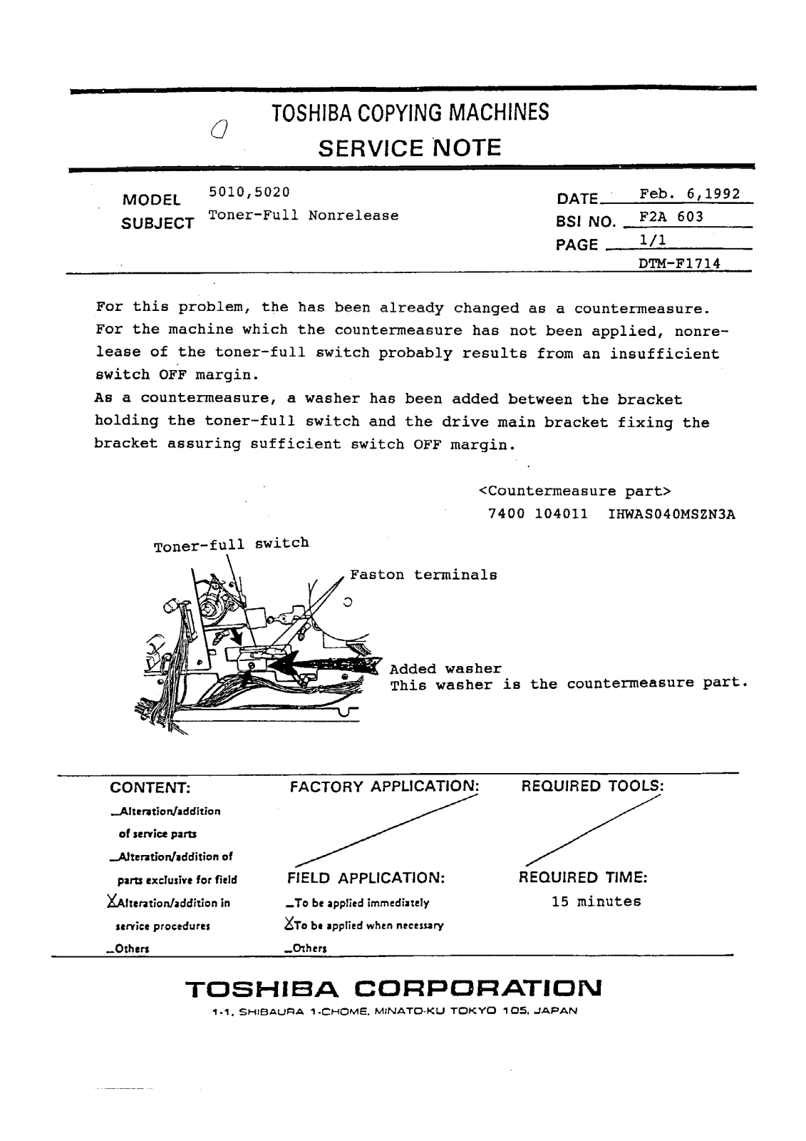 Toshiba f2a603 Service Note