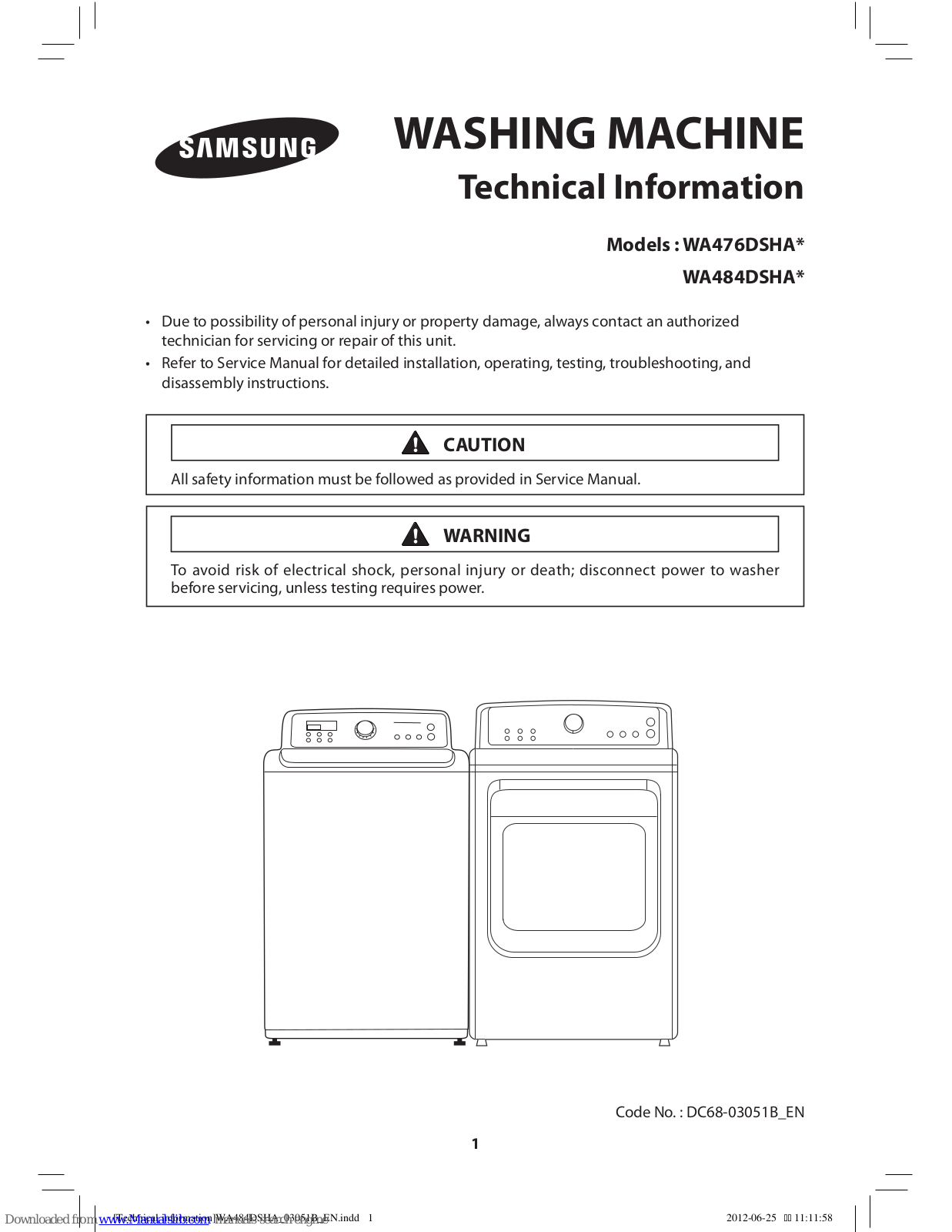 Samsung WA476DSHASU/A1, WA476DSHAWR/A1, WA484DSHASU/A1, WA484DSHAWR/A1, WA5471 Technical Information