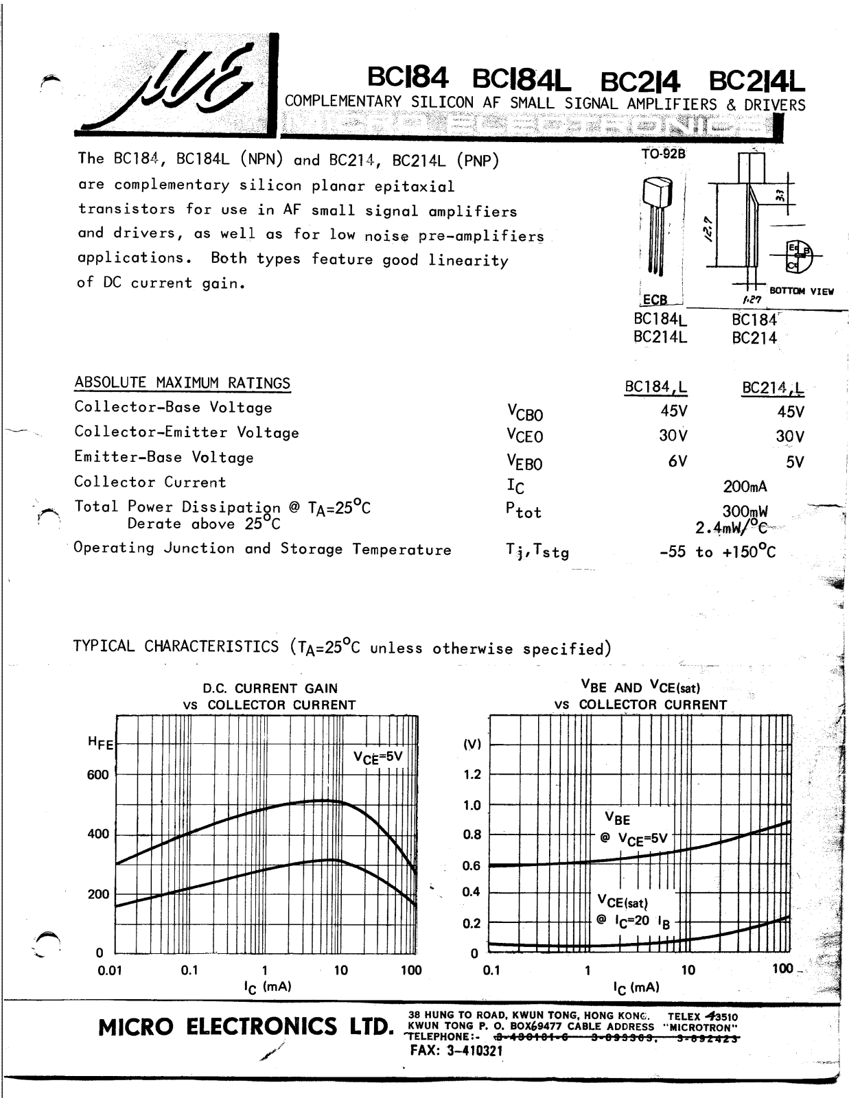 ME BC184L, BC184, BC214L, BC214 Datasheet