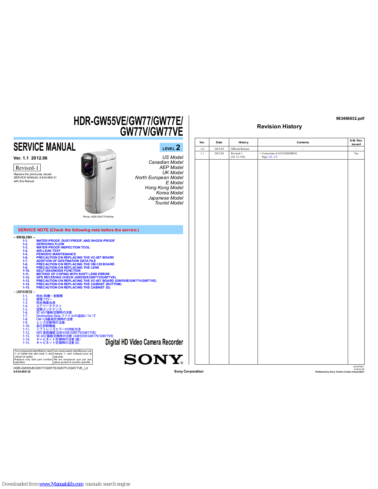 Sony HDR-GW55VE,HDR-GW77,HDR-GW77E,HDR-GW77V,HDR-GW77VE Service Manual