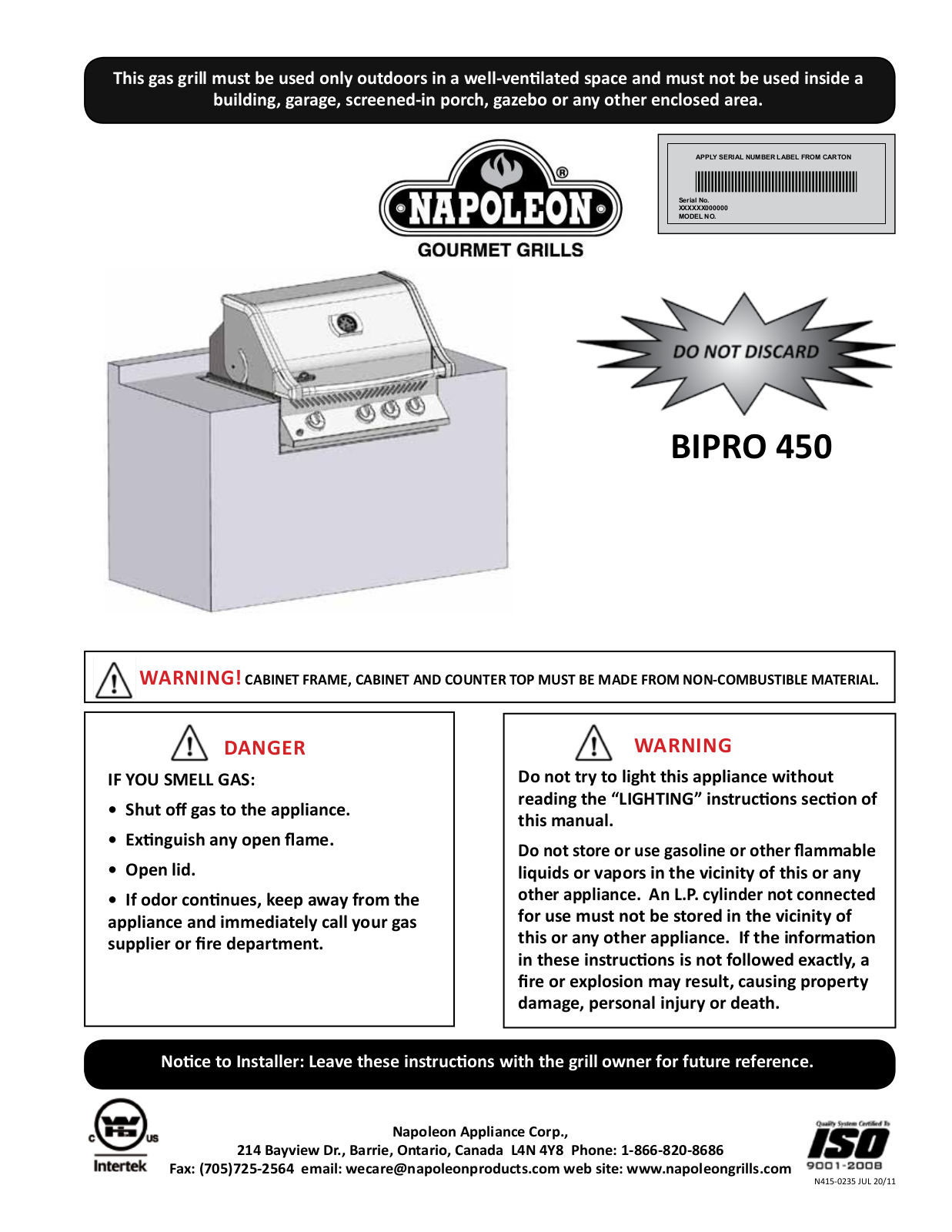 Napoleon Grills BIPRO 450 User Manual