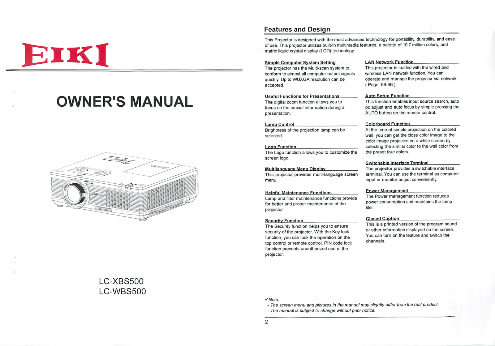 EIKI LC-WBS500, LC-XBS500 User Manual