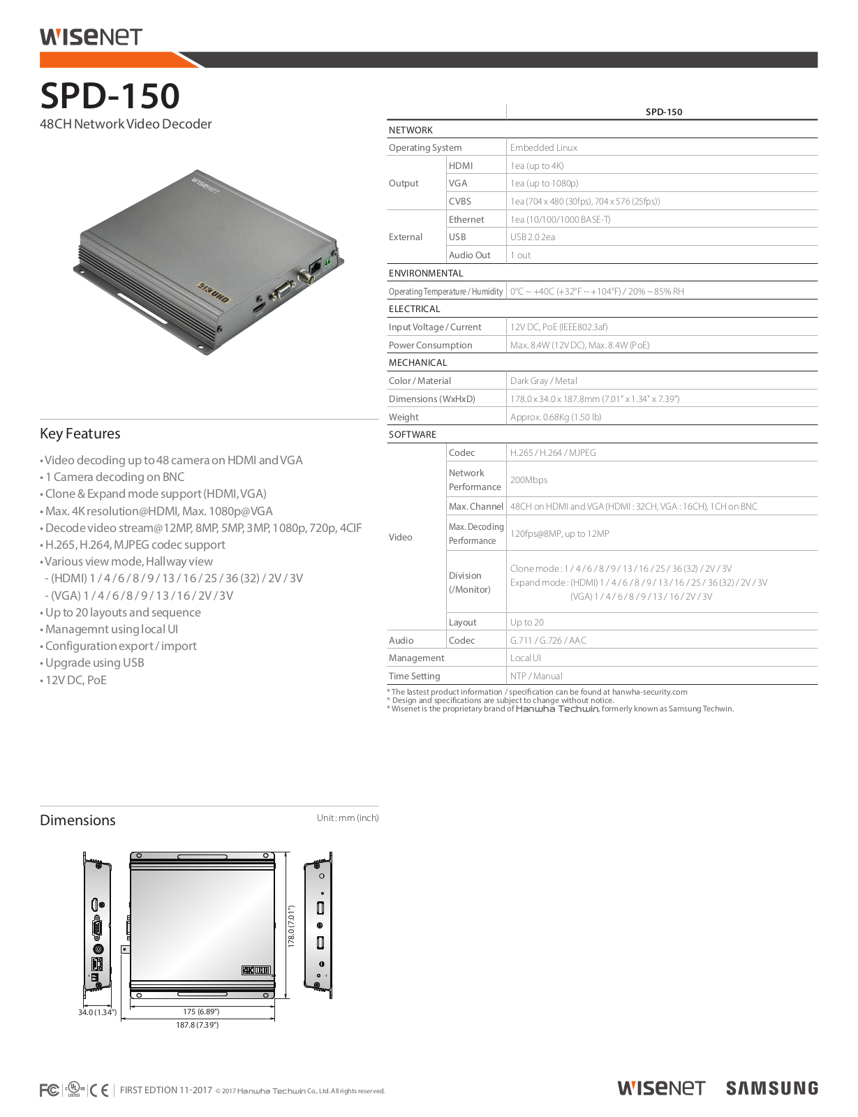 Samsung SPD-150 Specsheet