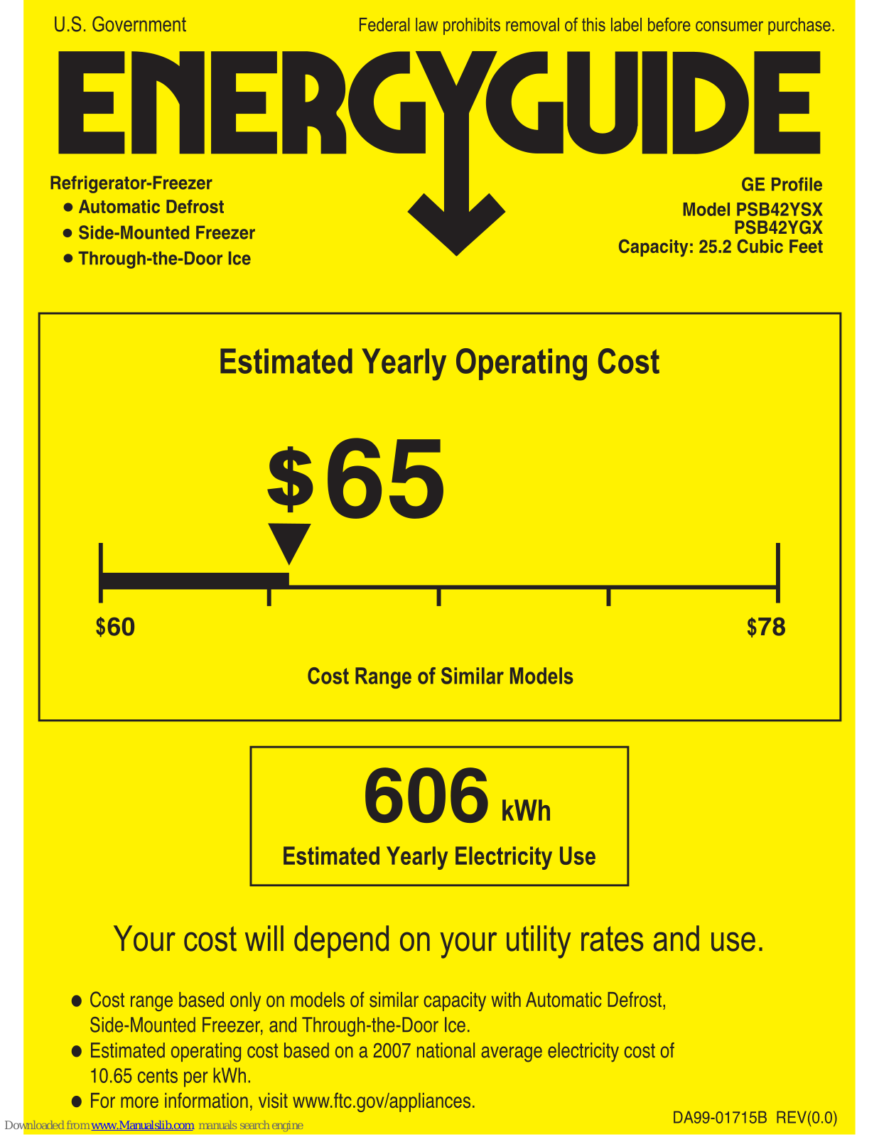 GE PSB42YGXSV, PSB42YSXSS, Profile PSB42YGX, Profile PSB42YSX Energy Manual