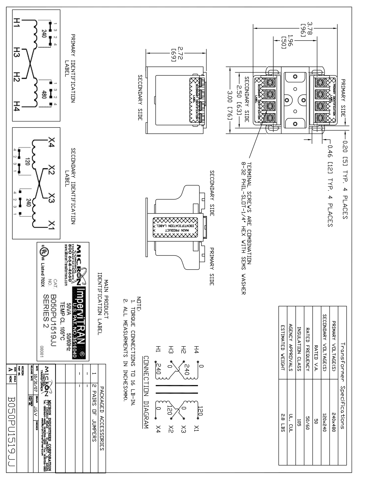 Micron Industries B050PU1519JJ Specification Sheet