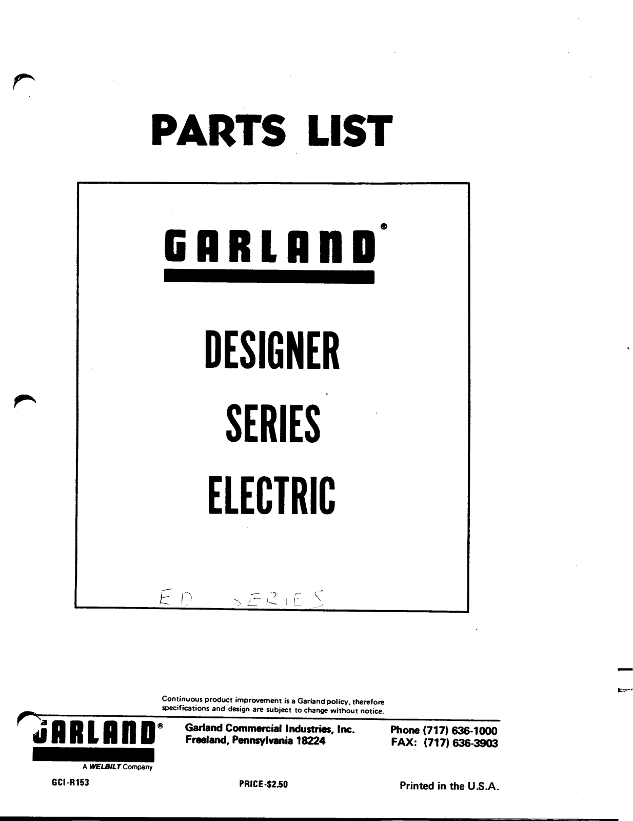 Garland ED-15 Parts List