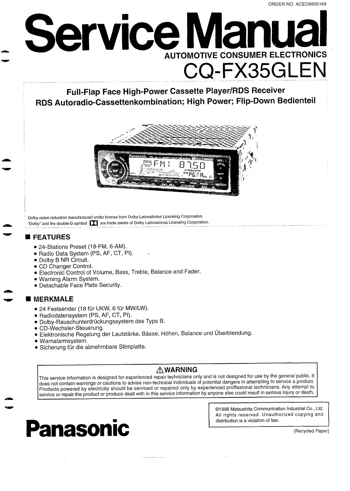 Panasonic CQ-FX35GLE Service Manual