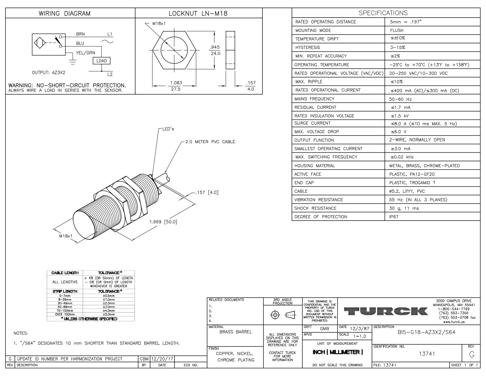 Turck BI5-G18-AZ3X2/S64 Data Sheet