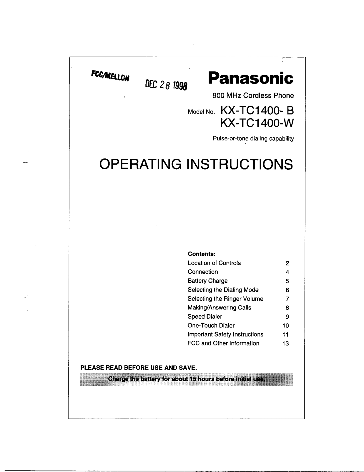 Panasonic 96NKX TC1400 Users Manual