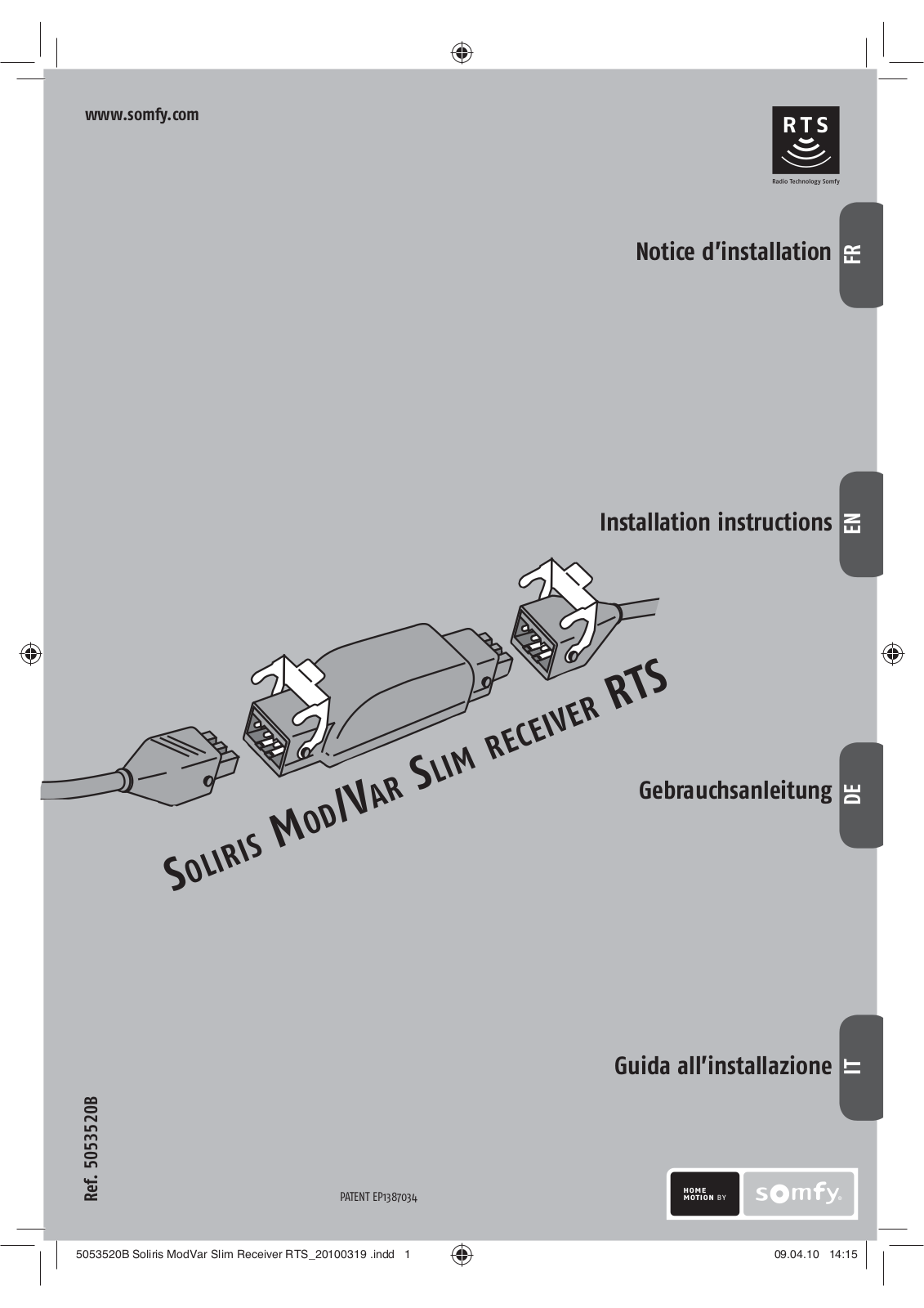 Somfy SOLIRIS MOD/VAR SLIM RECEIVER RTS User guide