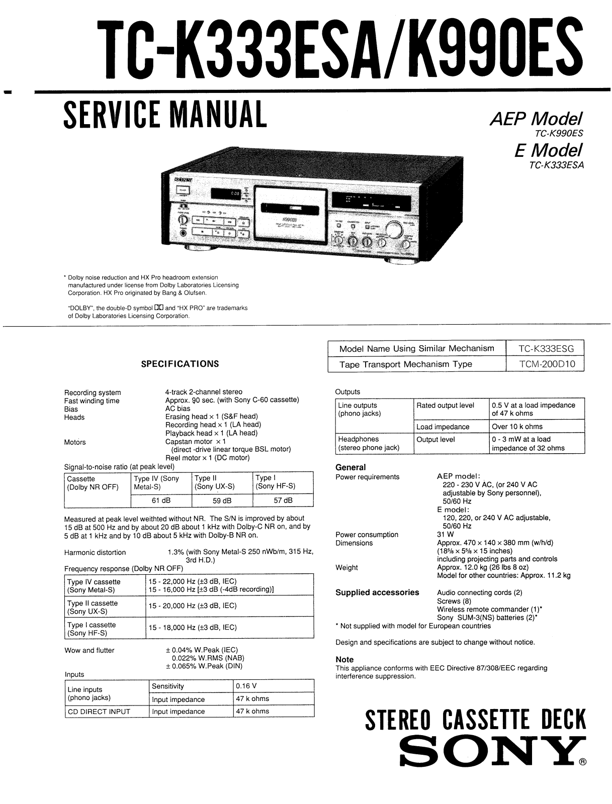 Sony TCK-333-ESA Service manual