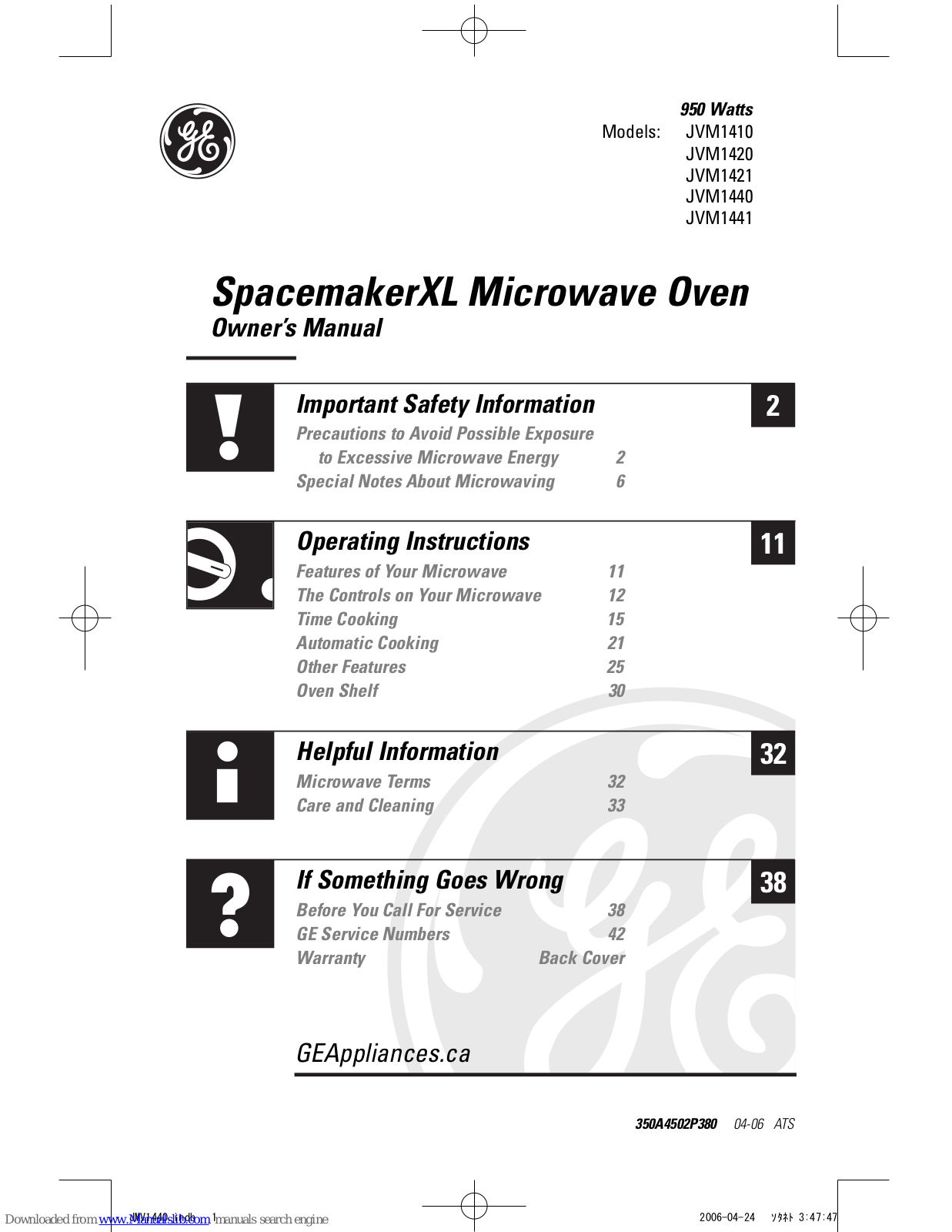 GE SpacemakerXL JVM1410, SpacemakerXL JVM1421, SpacemakerXL JVM1440, SpacemakerXL JVM1441, SpacemakerXL JVM1420 Owner's Manual