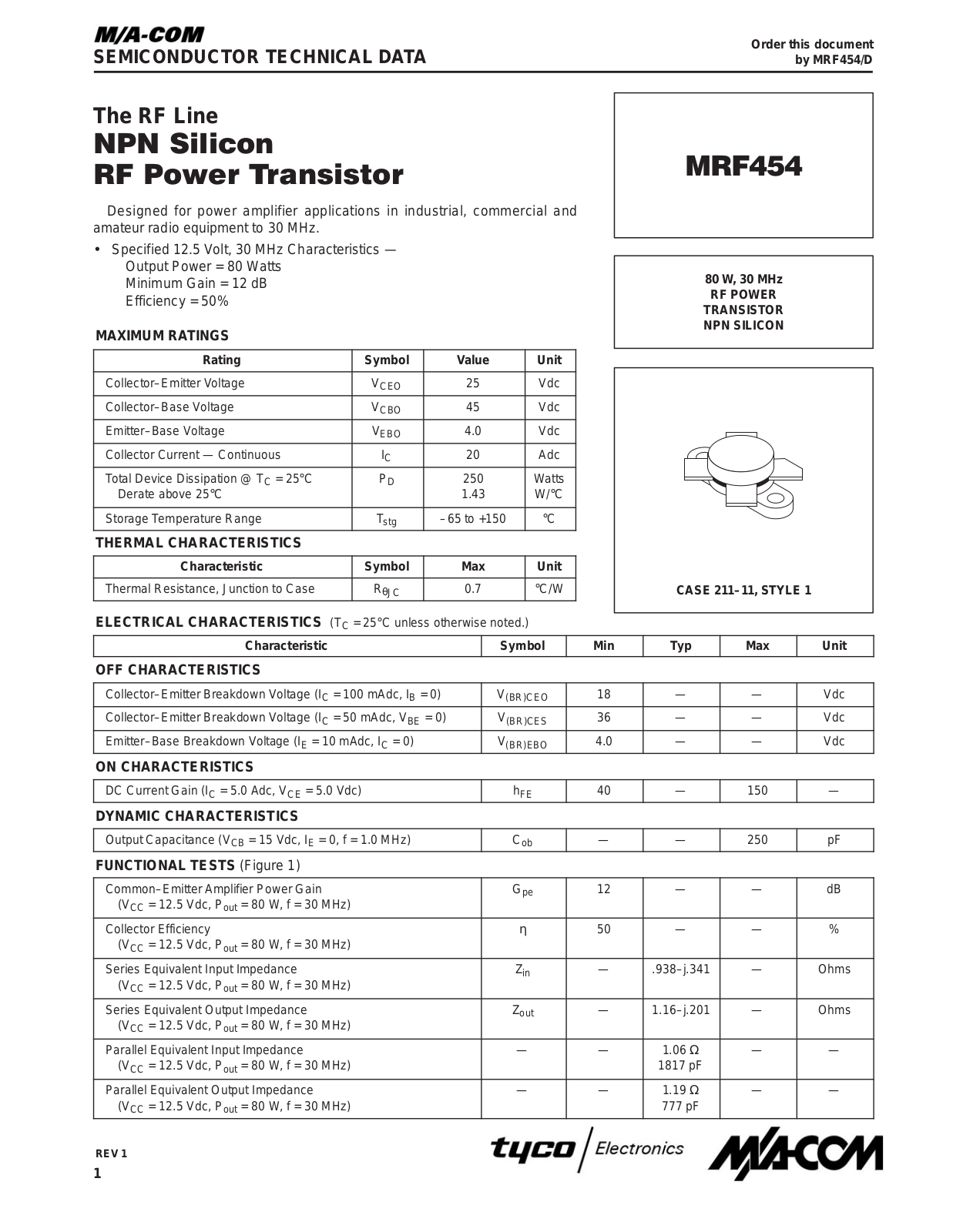 M A COM MRF454 Datasheet